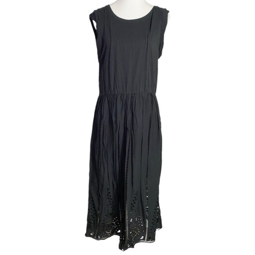 Good Hart Black Cotton Sleeveless Midi Dress with Eyelet Detail on Bottom